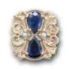 N607 14K PEAR SHAPE SAPPHIRE & PEARL SLIDE WITH FLEUR DE LIS DETAIL 